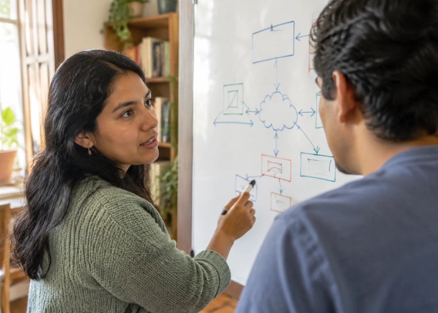 Dos personas trazando en la pizarra la estructura de un argumento