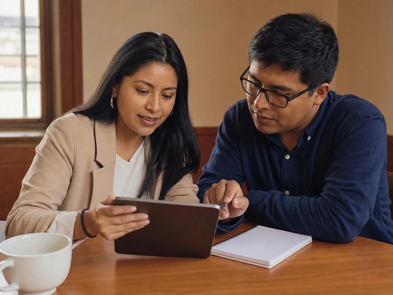Dos colegas consultando sus notas en una tablet