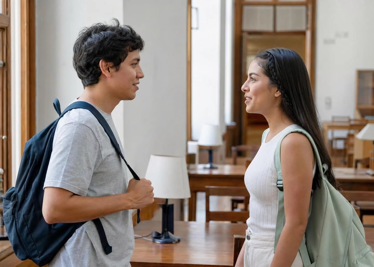 Dos estudiantes de pie en el pasillo, en pleno intervalo