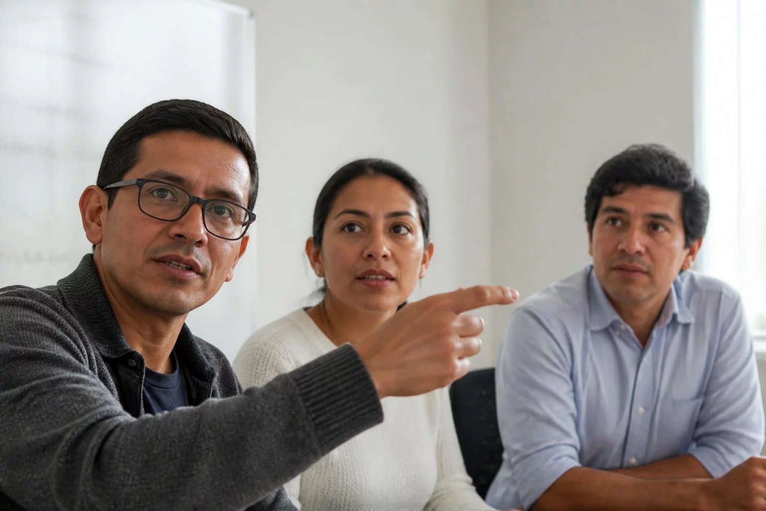 Reunión de tres personas en una sala clara, con alguien exponiendo
