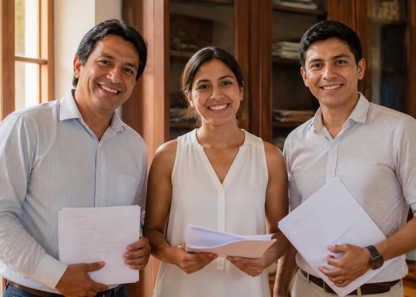 Tres adultos con sus apuntes, al cerrar la sesión
